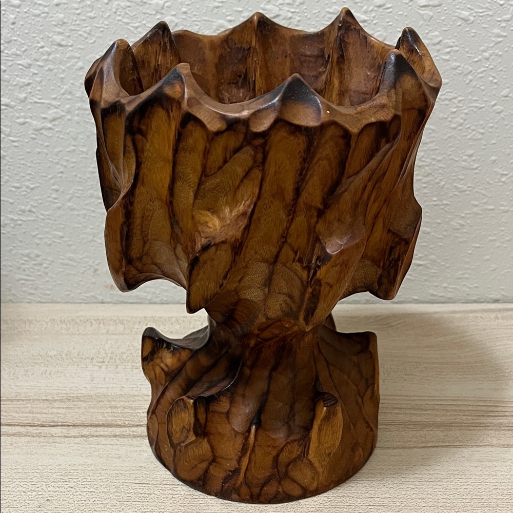 Hand carved vintage wooden candle holder
